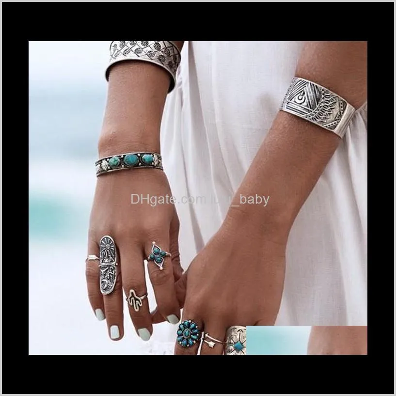 bohemian knuckle ring sets 9 pcs set antique silver alloy turquoise arrow ring sets for girls/ladies