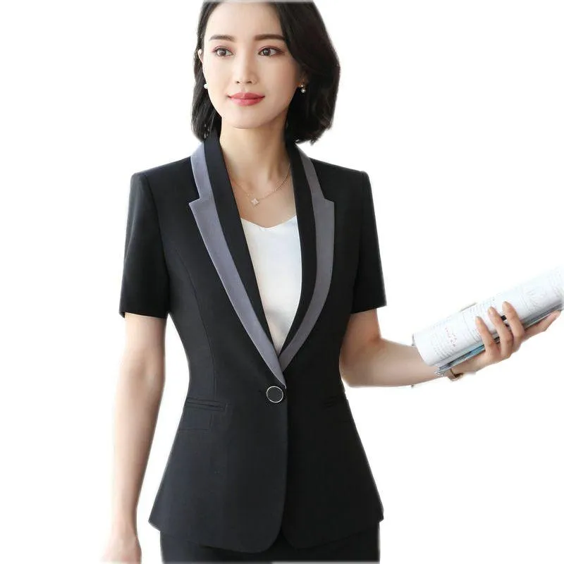 Fashion Women Blazer Business Summer Formal V Neck Short Sleeve Jackets Office Ladies Plus Size 3XL Work Wear Black Women's Suits & Blazers