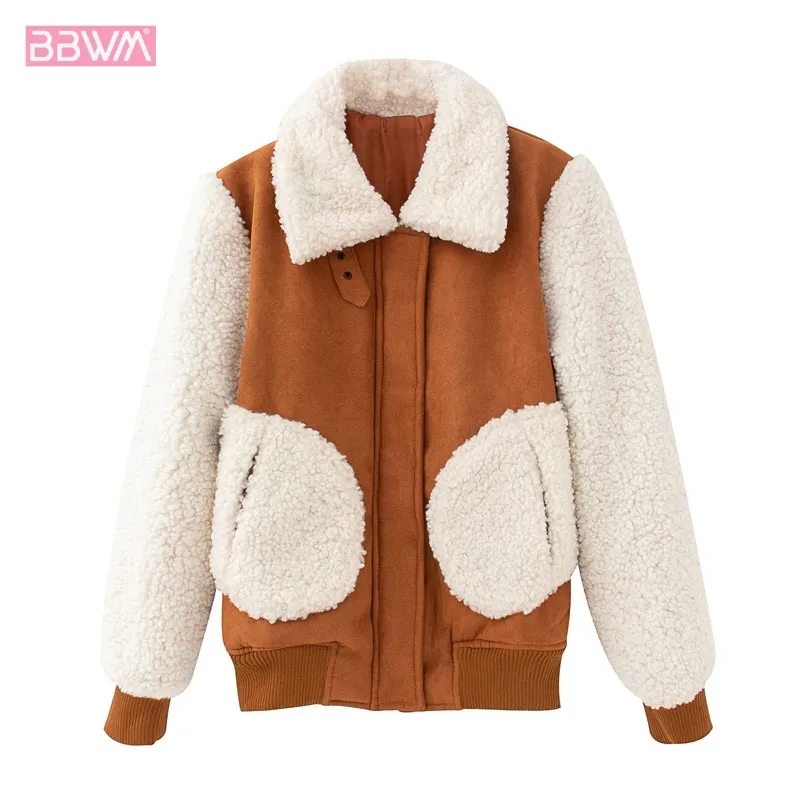 Wildleder Nähte Lamm Haar Braun Damen Jacke Koreanischen Stil Revers Warme Fliegende Chic Weibliche Jacke 210507