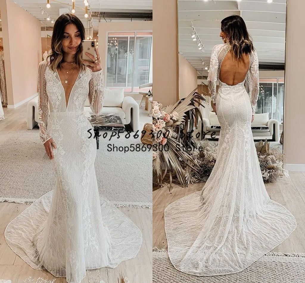 Plus la taille sirène robes de mariée 2022 luxe dentelle appliques dos nu col en V bohème pays plage queue de poisson mince robe de mariée robes