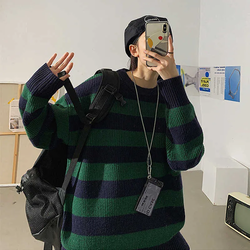 Mujeres suéter a rayas casual de gran tamaño suéteres suéteres de manga larga ropa de punto streetwear hembra otoño invierno coreano pareja cálida x0721