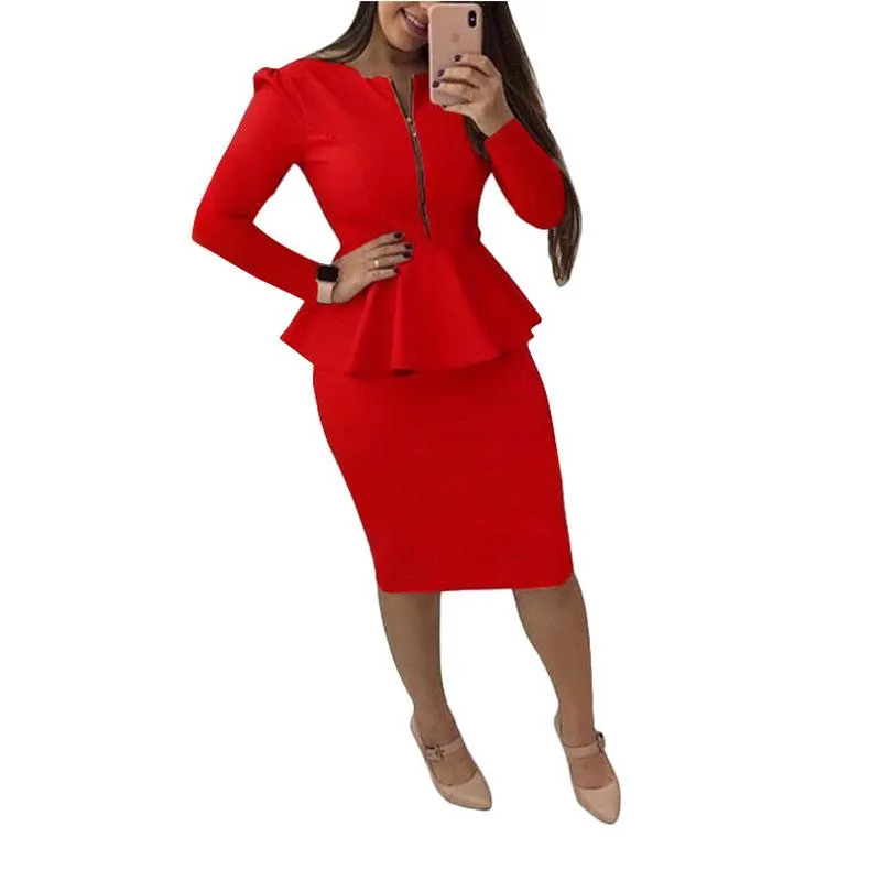 Zweiteiliges Set 2021 Frau Rock und Top Reißverschluss V-Ausschnitt Langarm Damenanzüge Büro Business Casual Damen Outfits Damen Trainingsanzüge