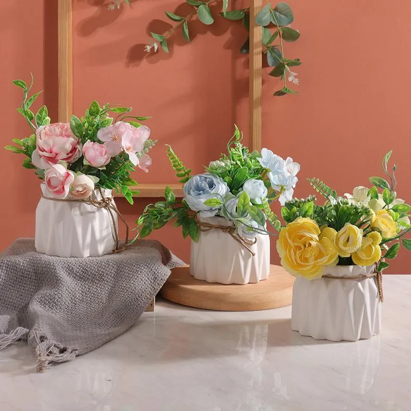 Flores decorativas grinaldas nobres pequenas plantas artificiais nórdicas frescas terno de flor (flor + vaso) casa mesa de sala de estar em vaso decoração