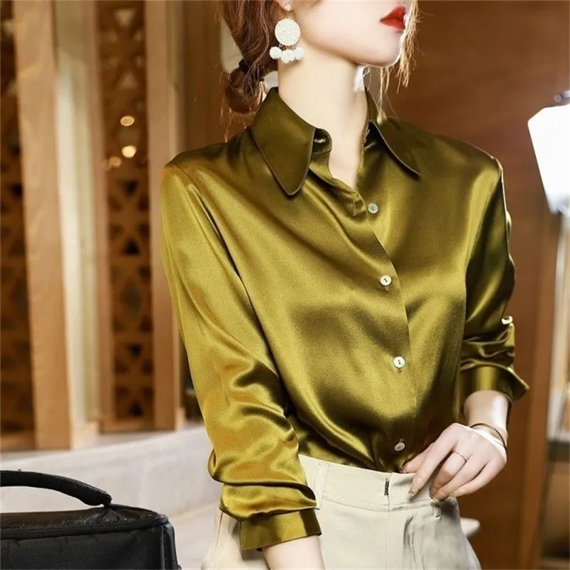 Jakość marki luksusowe kobiety koszula eleganckie biuro zapinane koszule z długim rękawem Momi jedwabna krepa satynowe bluzki biznesowy top damski 220225