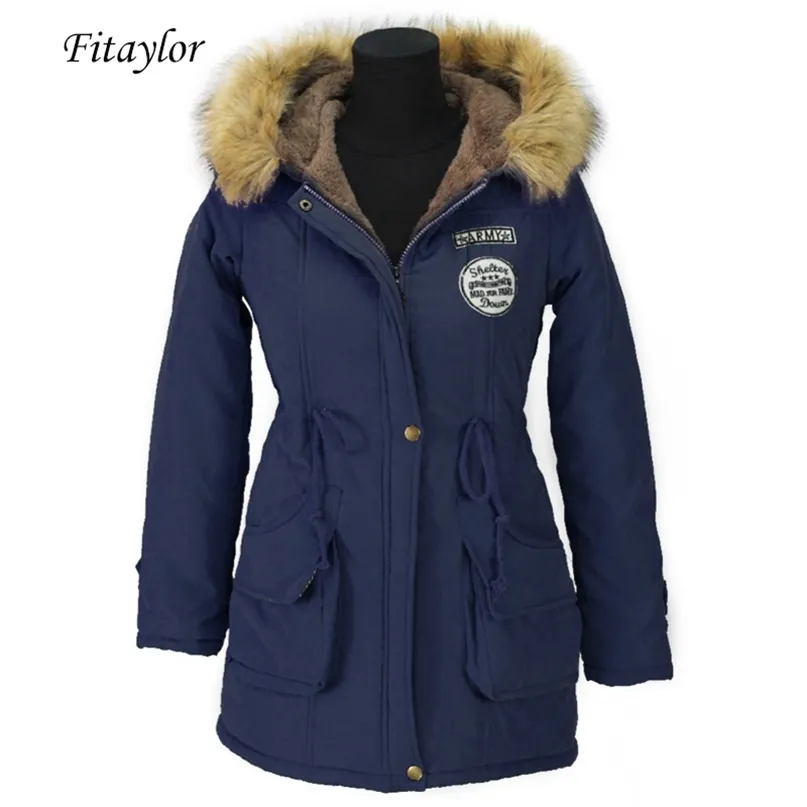 Fitaylor Winter Women Coats Cotton Wadded Hooded Medium-long Casual Parka Plus Size XXXL Warm Thickness Military Outwear 211216
