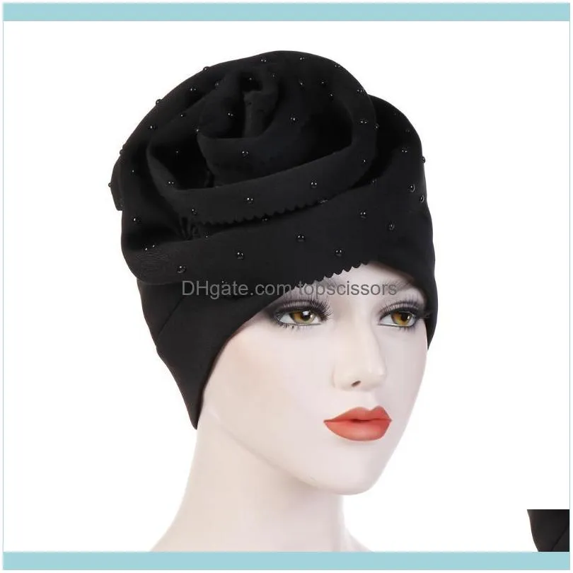 Helisopus 2021 Beaded Oversized Flowers Women Muslim Turban Hat 7 Colors Cotton Cap Head Covers Hijab Hair Accessories1