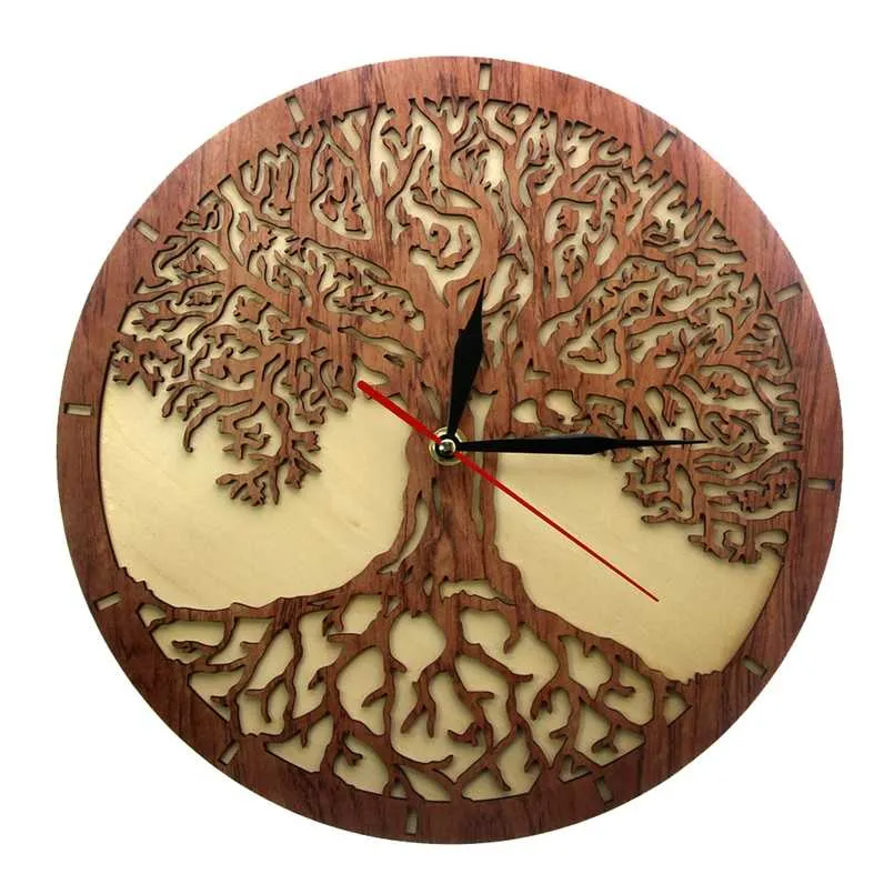 Yggdrasil Tree of Life Wood Wall Clock Sacred Geometry Magic Tree Home Decor Silent Sweep Kitchen Väggklocka Housewarming Gift 211110