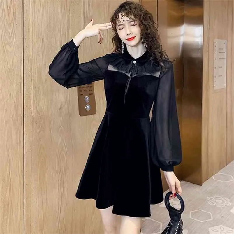 Feminino Primavera Outono vestido coreano lace lanterna manga preta comprida curta feminina base es qx871 210507