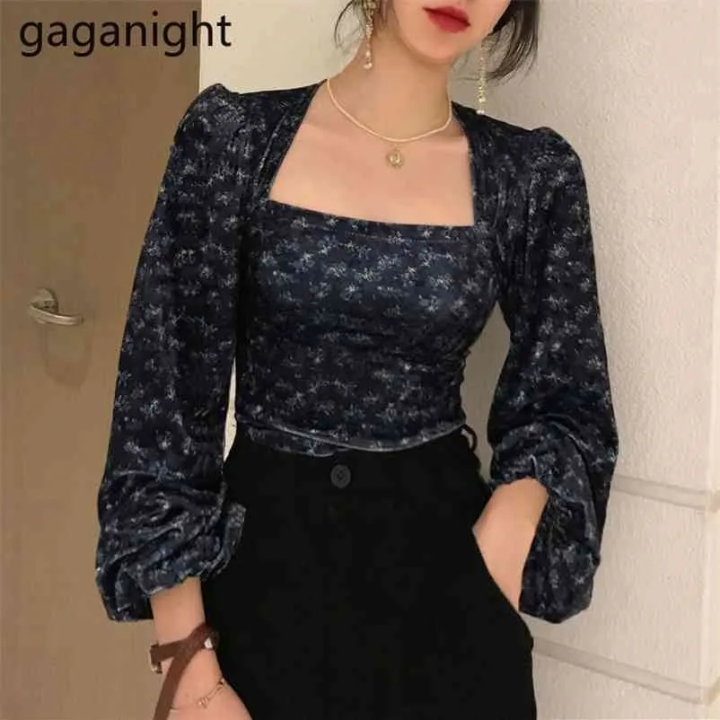 Gaganight Velvet Цветочные Женщины Блузка С Длинным Рукавом Квадратный Воротник Шикарная Корейский Рубашка Женская Тонкие Обрезанные Топы Вершина Blusas Мода 210323