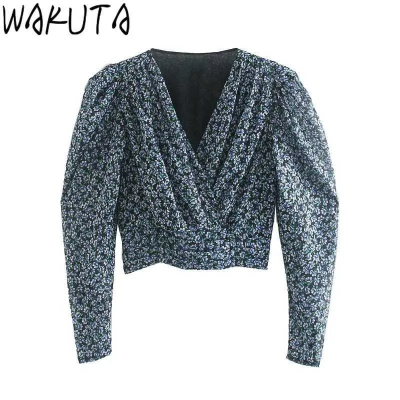 Wakuta Women Vintage Print Cross V Neck Kort Blus Casual Puff Sleeve Hem Elastic Chiffon Shirts Chic Kvinna Blusas Toppar 210529