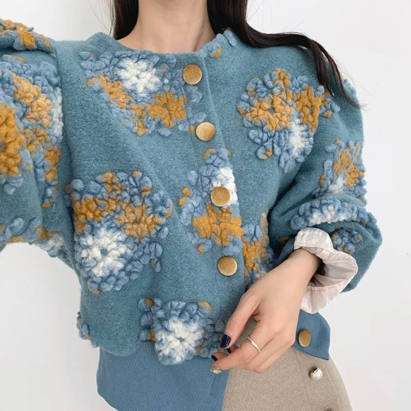 Korobov Vintage Flower Pattern Short Sweater Jacket Women For Women Korean Chic O Neck Puff Sleeve Office Coat Chic Chaqueter Mujer 210430 From Dou01 35.12 DHgate.Com