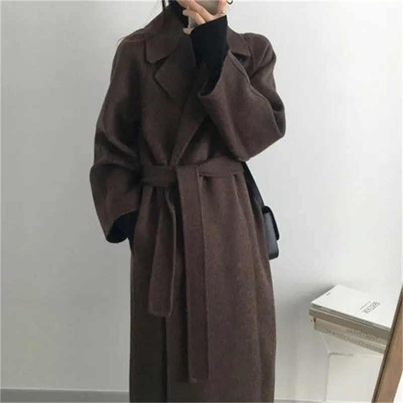 Höst Vinter Kvinnor Woolen Coat With Belt Långärmad Slå ner Krage Varm Plus Storlek Manteau Femme Casual Ladies Jacka 210812