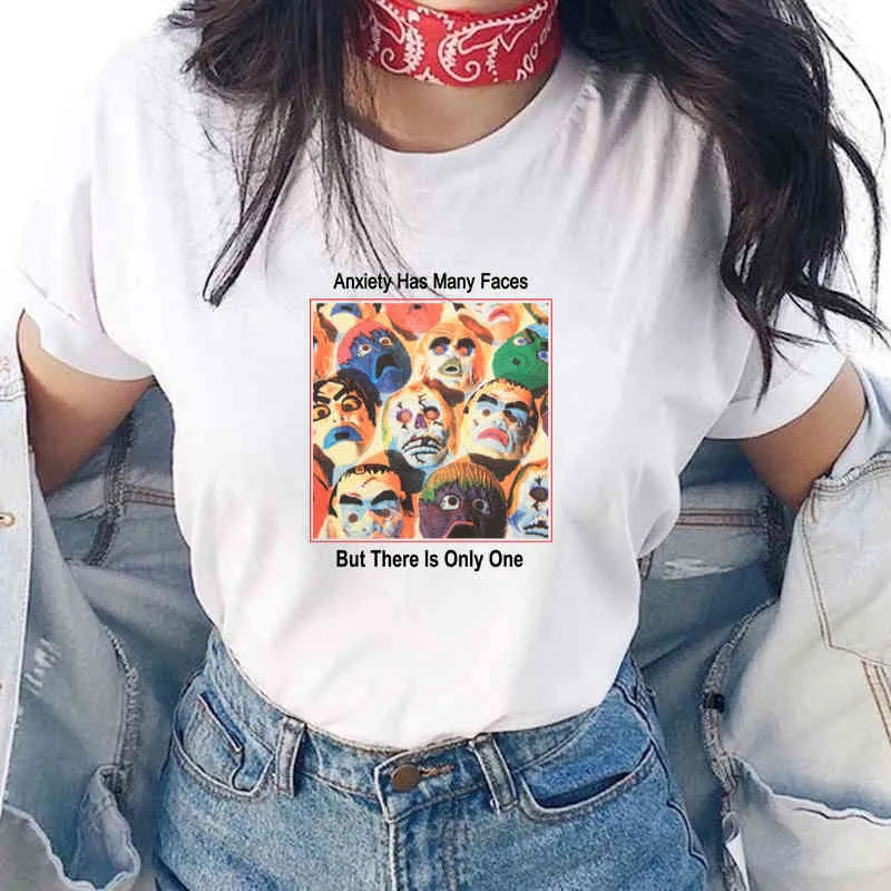 A ansiedade unisex das mulheres brancas do vintage tem muitos rostos que desenham a estética 90s moda tumblr grunge grunge camisa de algodão de algodão 210518