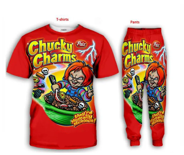 Hurtownie - 2022 New Fashion Casual Chucky 3D All Over Print Dress T-Shirt + Joggers Spodnie Garnitur Kobiety Mężczyźni @ 030