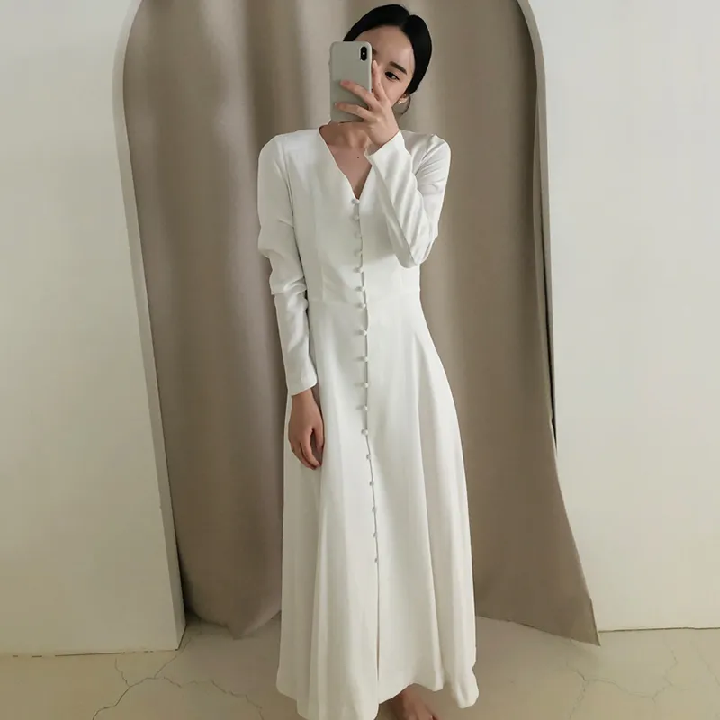 White Women Maxi Dress Long Sleeve V Neck Empire Waist Mid-Calf Buttoned  Polyester Spring Office Lady Dress from Dhgate Basic & Casual Dresses -  price 62.92
