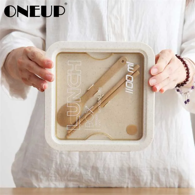 ONEUP Lunch Box per paglia di grano contenitore in stile giapponese nastro sigillante cucchiaio bacchette stile microonde 211104