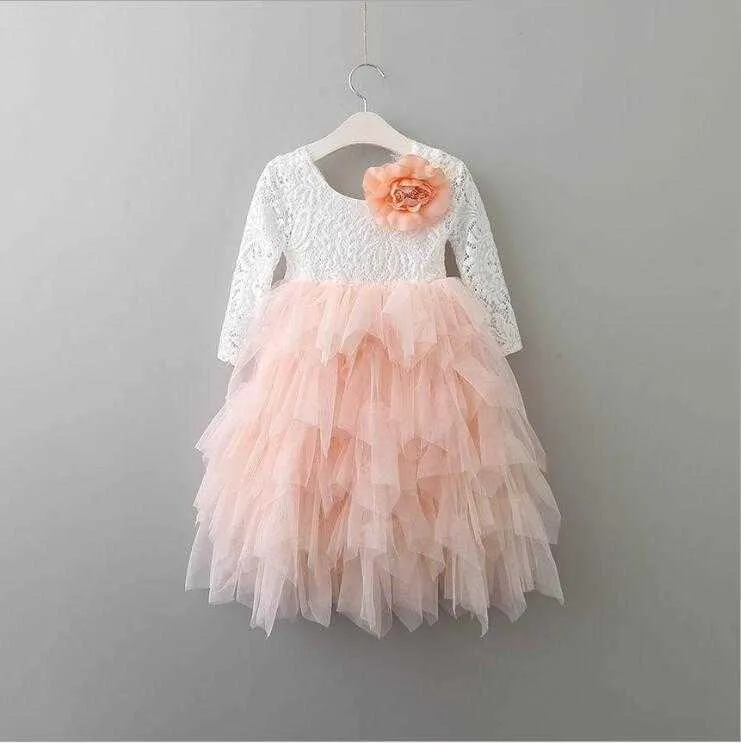 Sweet Girls Lace Dress Flower Tiered Tulle Long Fluffy Tutu Princess vestido For kids Wedding Party Children Clothes 210529