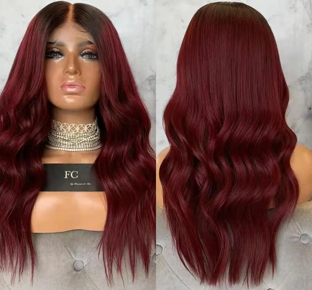 Högtemperaturfiber Ombre Red Body Wave Wig Middle Part Naturliga Långa Vågiga Syntetiska Spets Front Paryk för Kvinnor