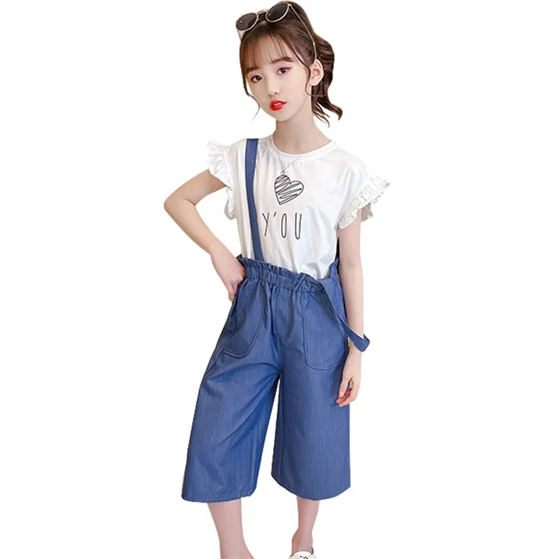 Teen Girls Clothing Heart Pattern Tracksuits For Tshirt + Jumpsuit Costumes Summer Children 210527