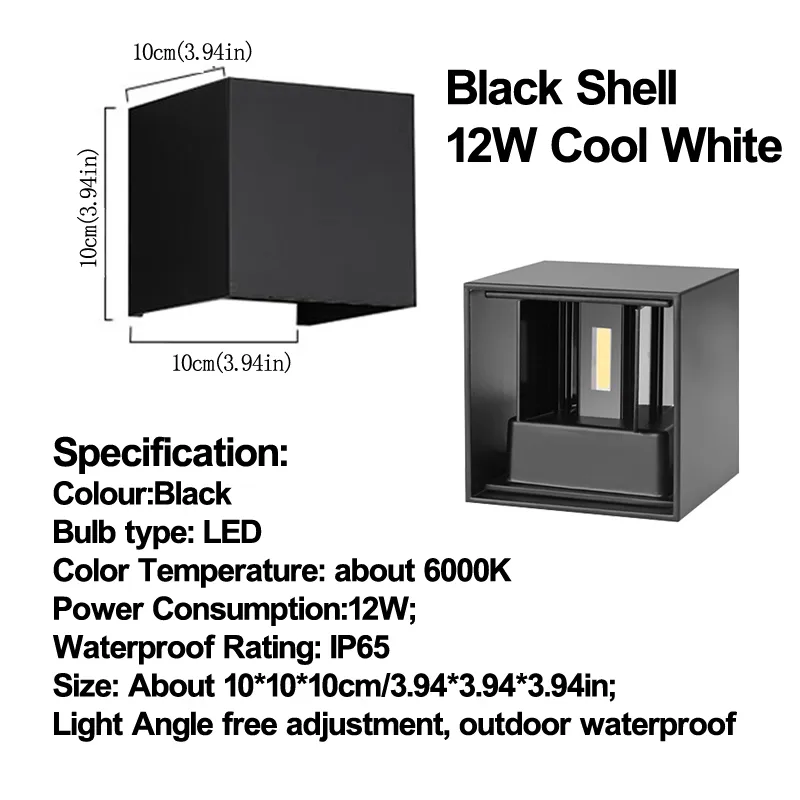 Applique Murale Extérieure LED, Étanche Minimaliste Noire Lampe Murale,  Lumière Chaude 3000K, 12W, Protection IP65, Matériau Acrylique et Fer, pour  Éc