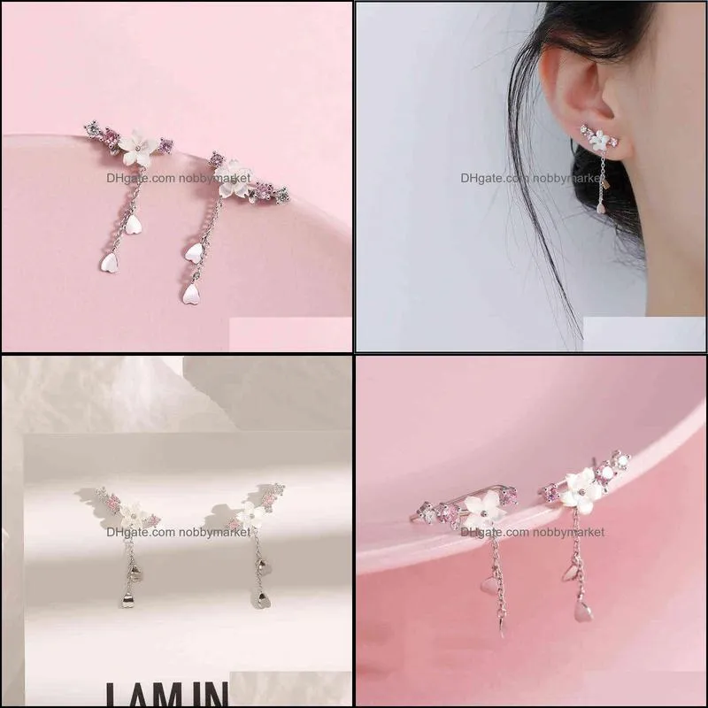 925 Sterling Silver Romantic Pink Cherry Blossom Shell Tassel Earrings for Women Girls Party Drop Jewelry Gifts S-e1248