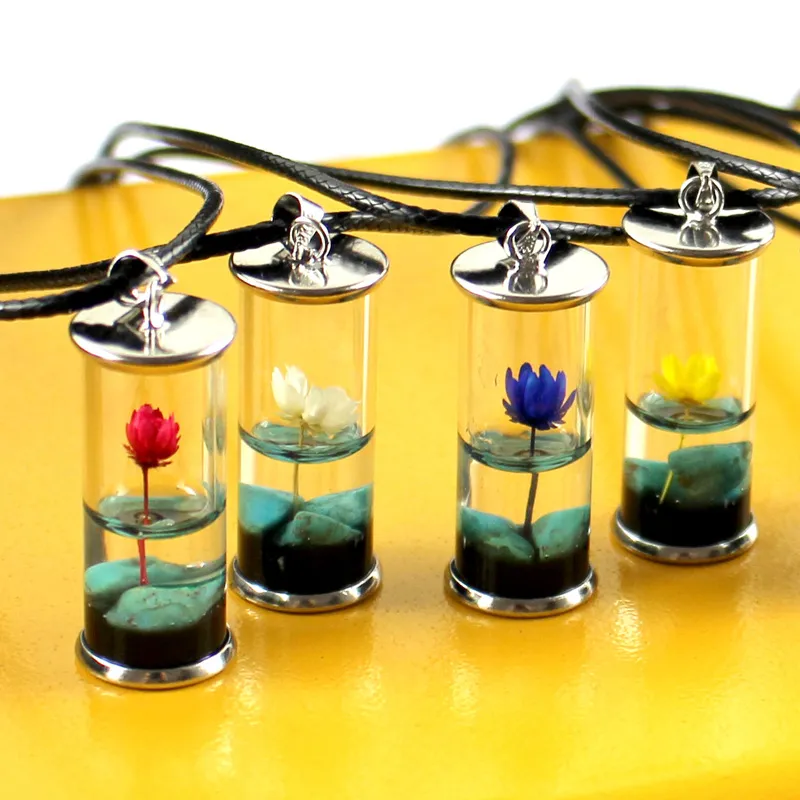 Women Transparent Glass Bottle Pendant Necklace Handmade Dried Flower Lotus Permanent Preservation Jewelry Wax Rope Necklace