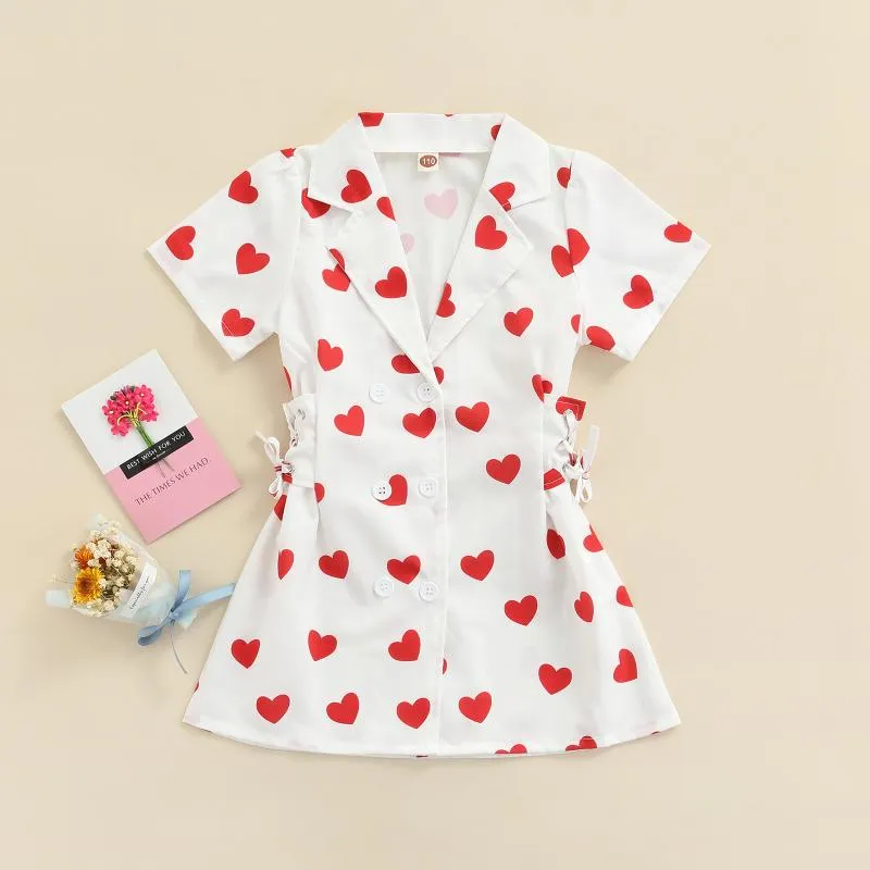 Meisje jurken meisjes zomer shirt jurk Valentijnsdag liefde hart print revers korte mouw bandage knop-down voor kinderen