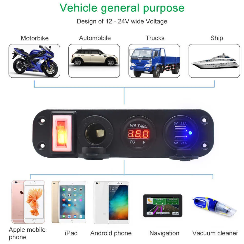 4 i 1 bil Cigarettändare digital voltmeter Dual USB Power Charger 12V Socket Dammtät vattentät med vippbrytare280T