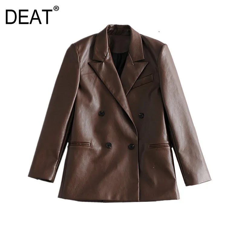 Nothced Collar Full Sleeves Dark Brown Colar Double Breasted PU Leather Fashion Quality Blazer Female Top WN 210421