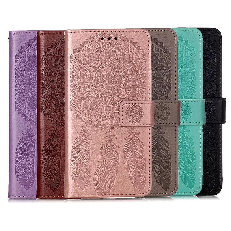 Läder plånbok Fodral för iPhone 13 12 Mini 11 Pro XS Max XR X 6 7 8 Plus Imprint Mandala Dreamcatcher ID Slot Holder Flip Cover