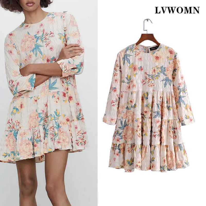 LVWOMN Dr2021 femmes imprimé plissé Mini robes femme O cou à manches longues en vrac Vintage DrFashion été Boho Vestidos X0529