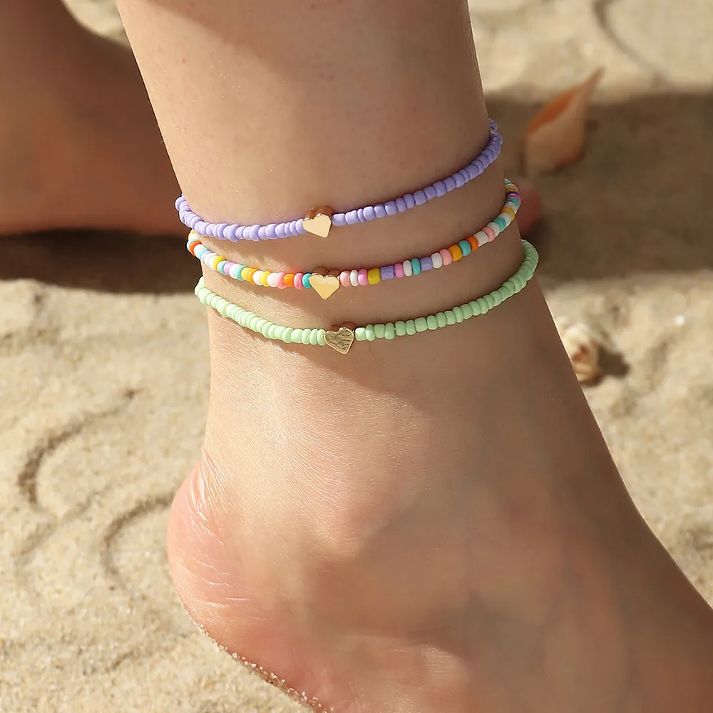 S2355 Bohemian الأزياء المجوهرات الملبدة بالخروج من Anklet مختلط حبات القلب خلخال القلب