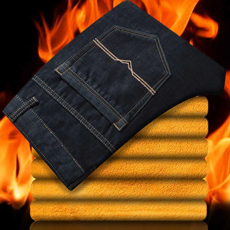 Zimowa plus rozmiar odzież męska pluszowe dżinsy Dodaj nawóz, aby zwiększyć spodnie wygodne casual luźne ciepłe grube spodnie 210531