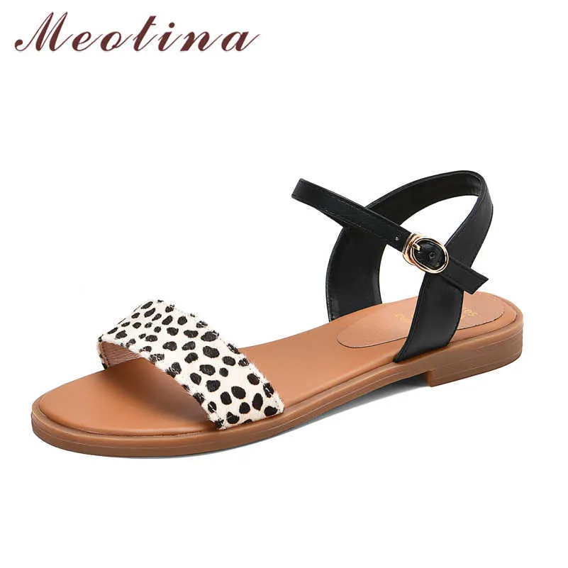 Meotina Женская обувь леопарда натуральные натуральные кожаные сандалии коровьи кожаные пряжки круглые носки женские туфли черный летний большой размер 43 210608