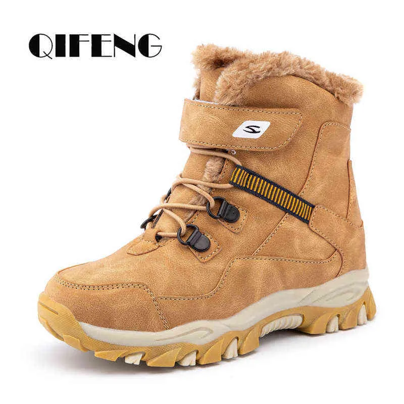 Winter Children Snow Warm Boots Fur Shoes Boys Sneaker Rubber Hiking Shoe Children Shoes Waterproof Leather Boots Kids 211108