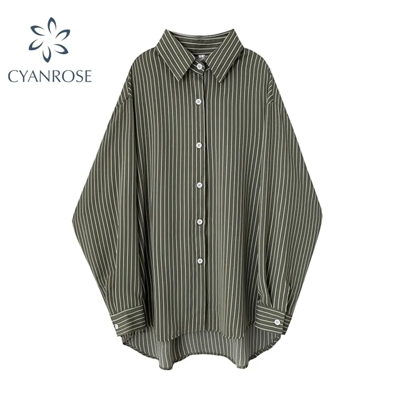Yaz Yeşil Retro Şerit Uzun Kollu Kadın Bluz Kore Tarzı Streetwear Düğme Yukarı Bayanlar Gömlek Asimmertrical Tops Lady 210515