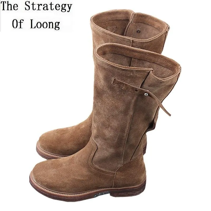 Spring Autumn Women Boot Nubuck Leather Mid Calf Zipper Belt Sewing Equestrian Winter Ladies Plush Half Boots