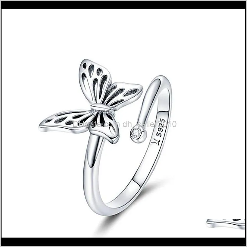 Drop levering 2021 Authentieke 925 Sterling Sier Vintage Butterfly Verstelbare Vinger Ringen voor Dames Bruiloft Engagement Ring Mode-sieraden SC