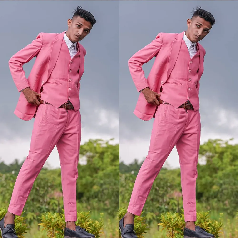 Hot Pink Mens Pants Suits Classic Fit Groom Tuxedos Peaked Lapel Prom Party Blazer Overcoat (Jacket+Vest+Pants)