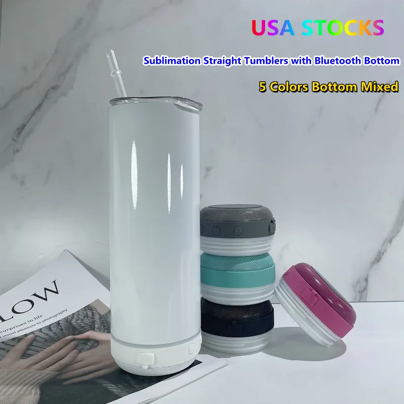 Us Warehouse! 20oz de sublimação Bluetooth Tumbler reto Alto copo 5 cores Audio Aço inoxidável Copa criativa de parede dupla com tampas a0079