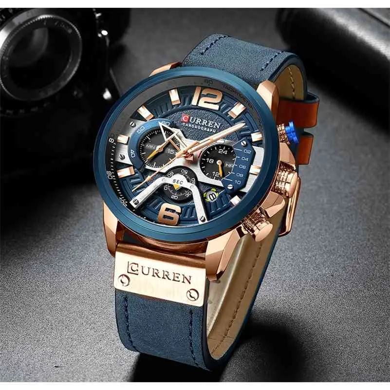 CURREN Top Brand Men Casual Wristwatch Mens Sport Waterproof Quartz Watch Fashion Military Leather Chronograph Montre Homme 210517