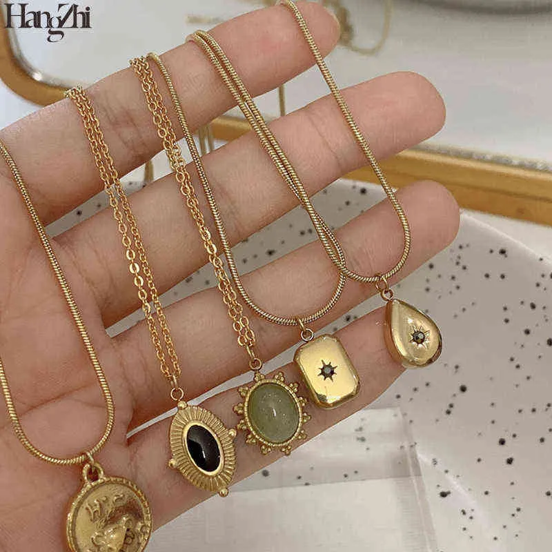 Hangzhi 2021 Nieuwe Koreaanse Vintage Water Drop Star Round Bear Ovale Hanger Ketting Geometrische Gouden Kleur Titanium Stalen Sieraden G1206