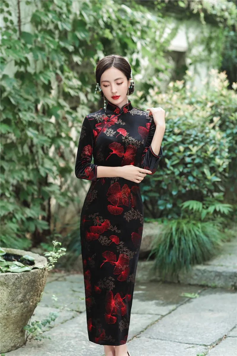 Shanghai Story Velvet Qipao Ginkgo Embroidered Chinese Dress Long
