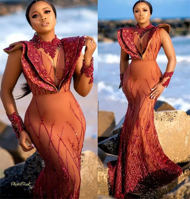 2021 Plus Size Arabisch Aso Ebi Luxuriöse Meerjungfrau Spitze Perlen Ballkleider Sexy Lange Ärmel Abend Formale Party Zweite Empfangskleider ZJ364