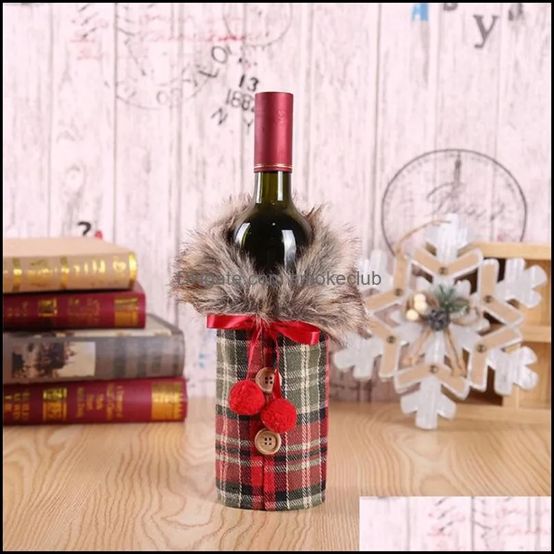 DHL Creative New Wine Cover with Bow Plaid Linen Bottle Clothes with Fluff Creative Wine Bottle Cover Fashion Christmas Decoration