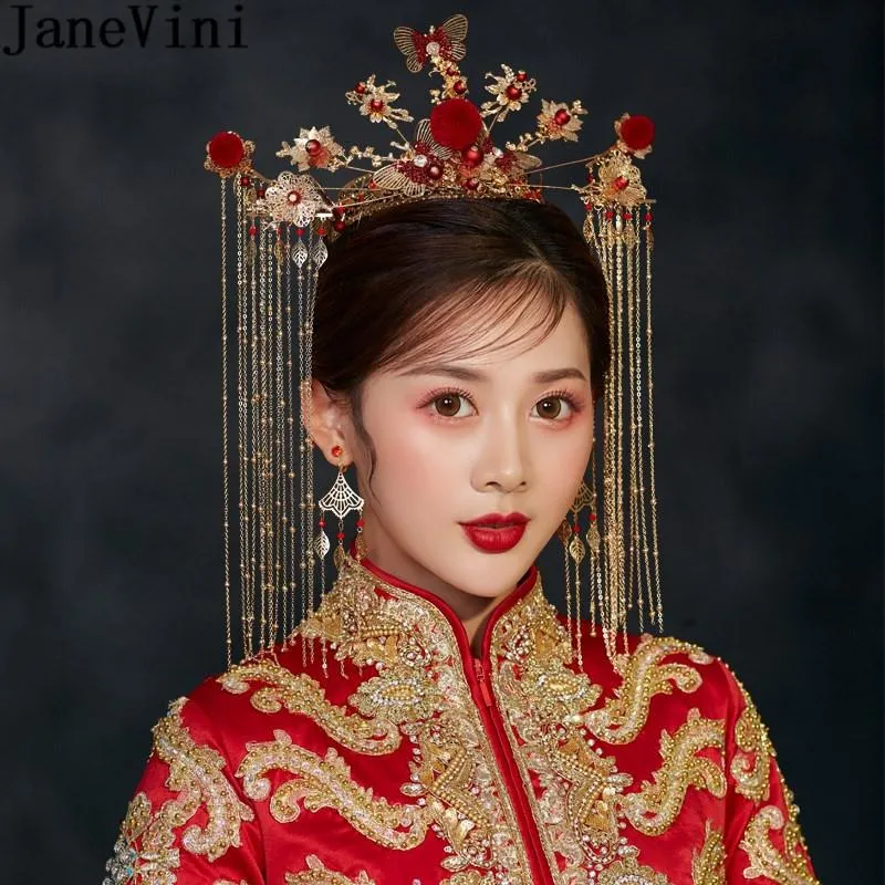 Janevini Chinese Style Gold Ancient Bridal Crowns Butterfly Red Pearls Beaded Women Bride Wedding Pageantヘッドピースイヤリングセットヘアクリップ