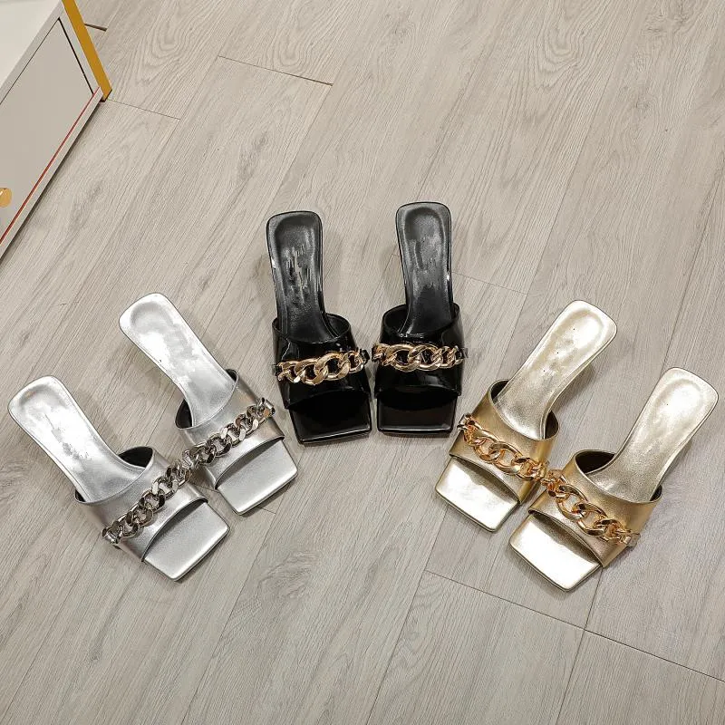 Женские сандалии квадратный носок тонкий высокий каблук тапочки мода женские скольжения на слайдах Летняя пляжная обувь MULES Размер 42