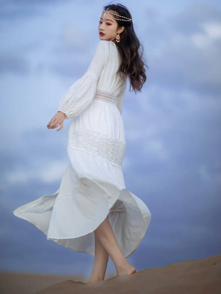 white christmas dresses Haris Cotton Linen Contemporary Dress with Lace Trim