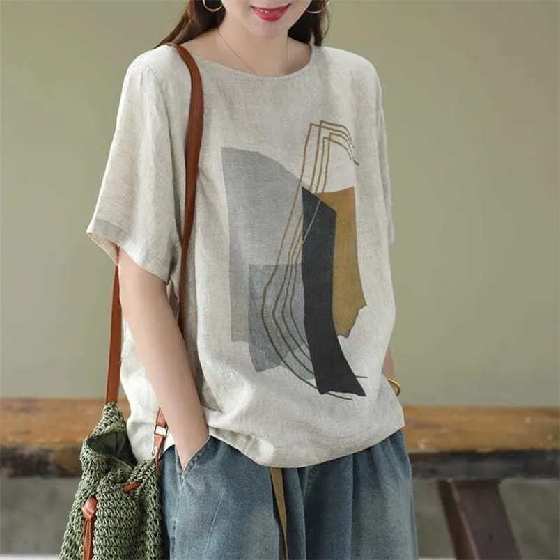 Summer Arts Style Women Short Sleeve O-neck Loose T-shirt Vintage Cotton Linen Print Tee Shirt Femme Big Size Tops M132 210512