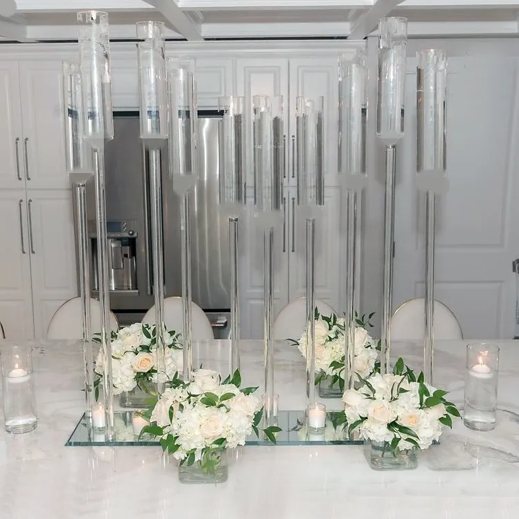 Partihandel Transparent Bröllopsdekoration Tall Cylinder Clear Acrylic Tube Vaser för LED-ljus inuti ljusstakar Candle Stick Holders Wedding Centerpieces